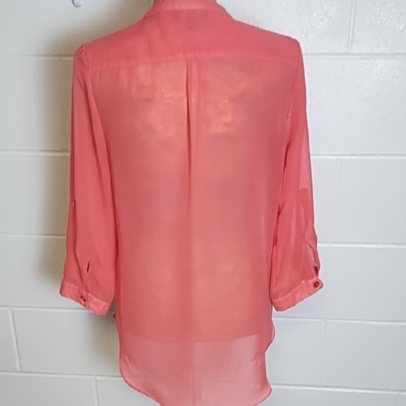 A. Byer Coral Sheer Tangerine 1/2 Button-Up Blouse 3/4 Roll tab Sleeves - Picture 2 of 11